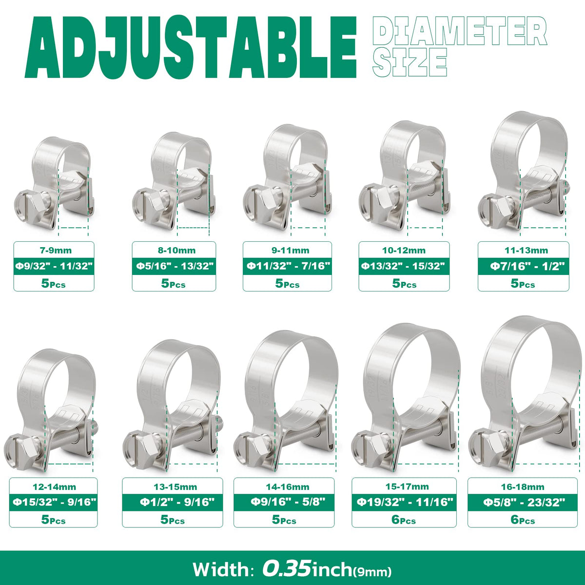 OURU front view of assorted clamps demonstrating size variety benefit
