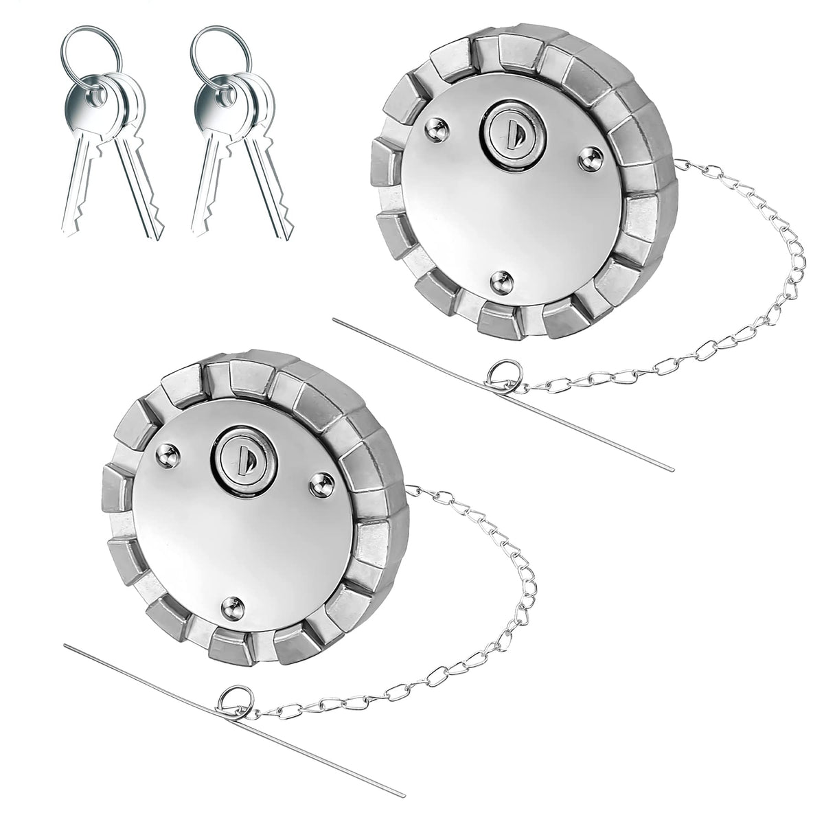 OURWILLSM front-angle view of two aluminum locking fuel caps showing fit and finish