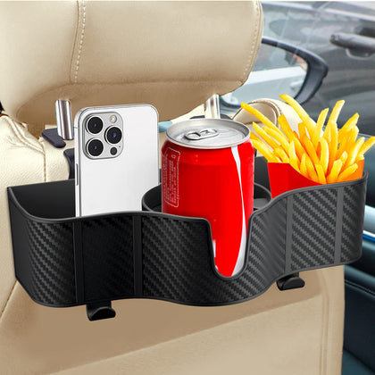 OUSHASAA front-mounted headrest organizer showing neat storage benefit