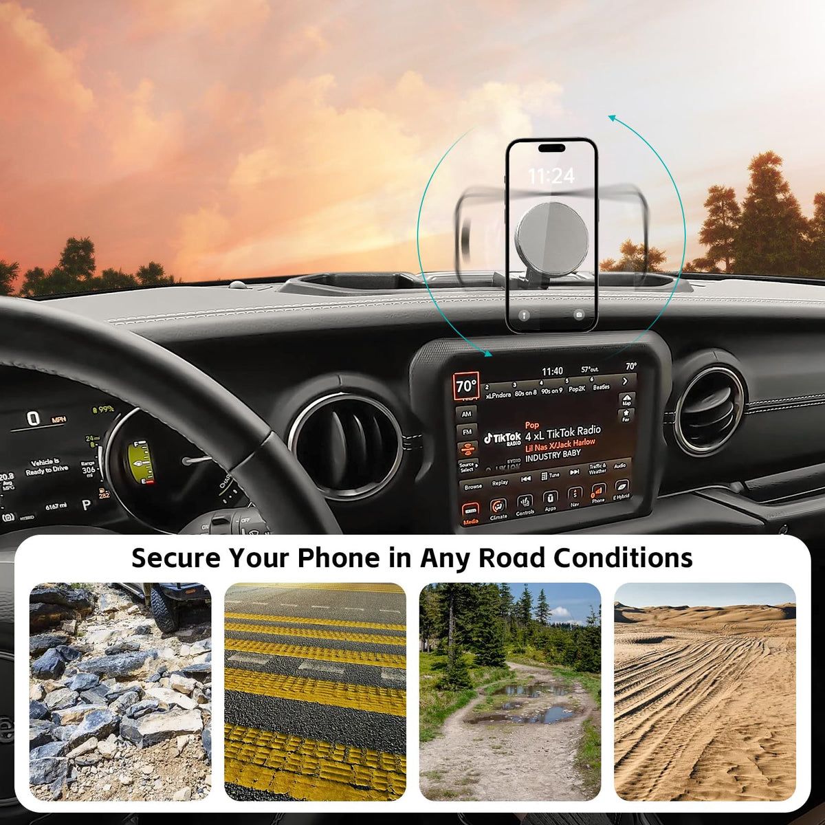 OUSUWO mounted phone in Jeep demonstrating safe driver visibility