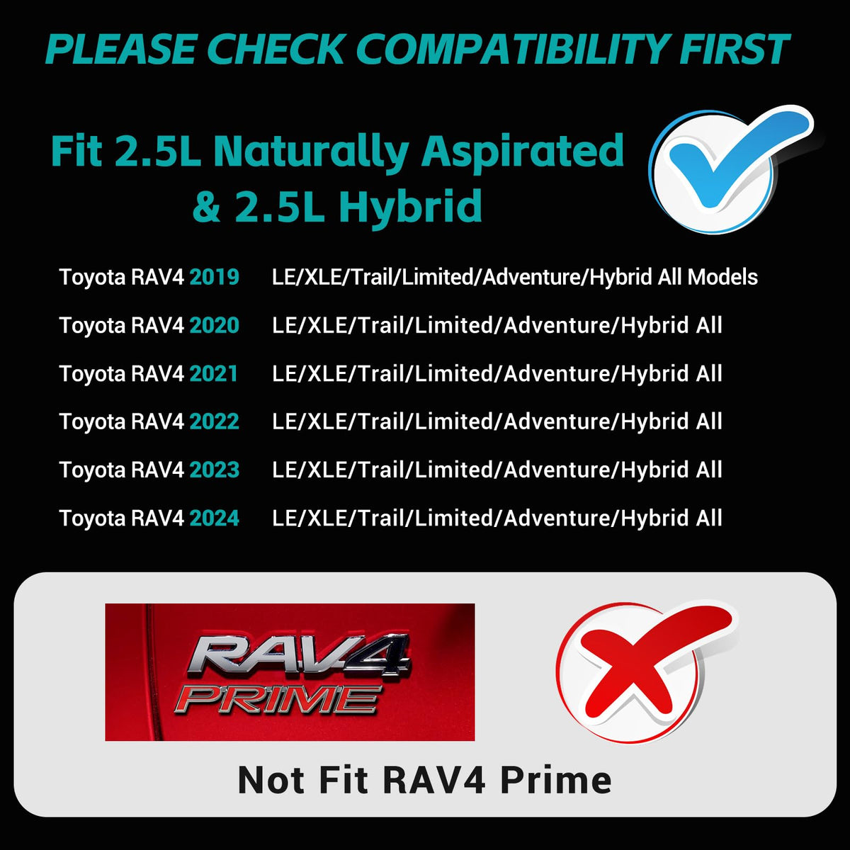 OUSUWO compatibility label showing fit for 2019–2025 RAV4 models clearly