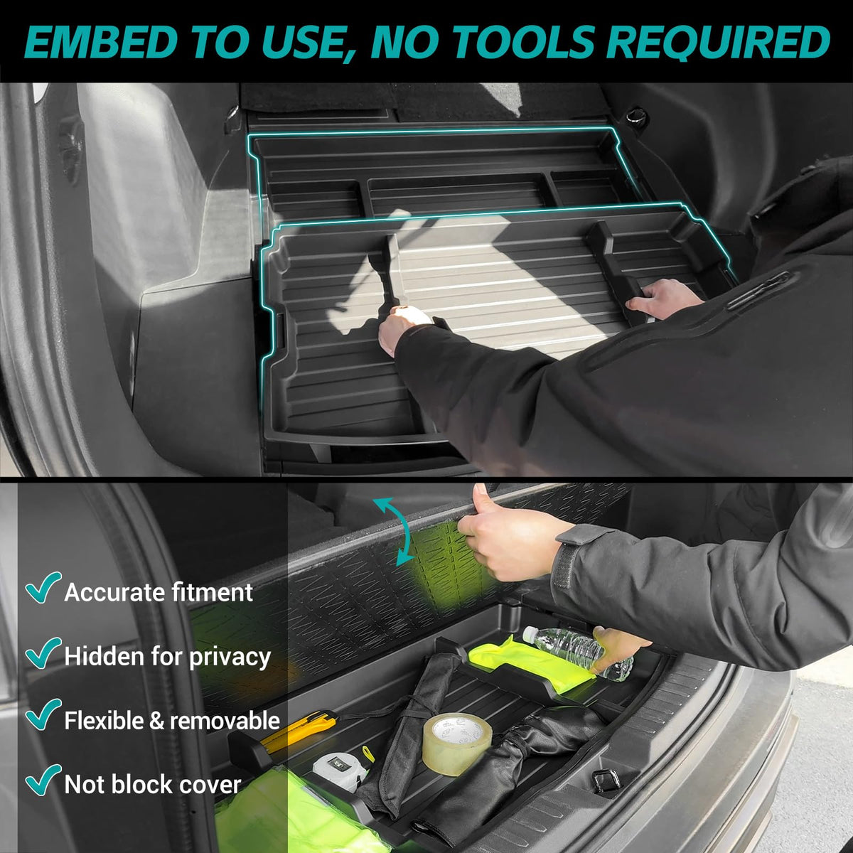 OUSUWO packed underfloor with travel gear maximizing trunk space