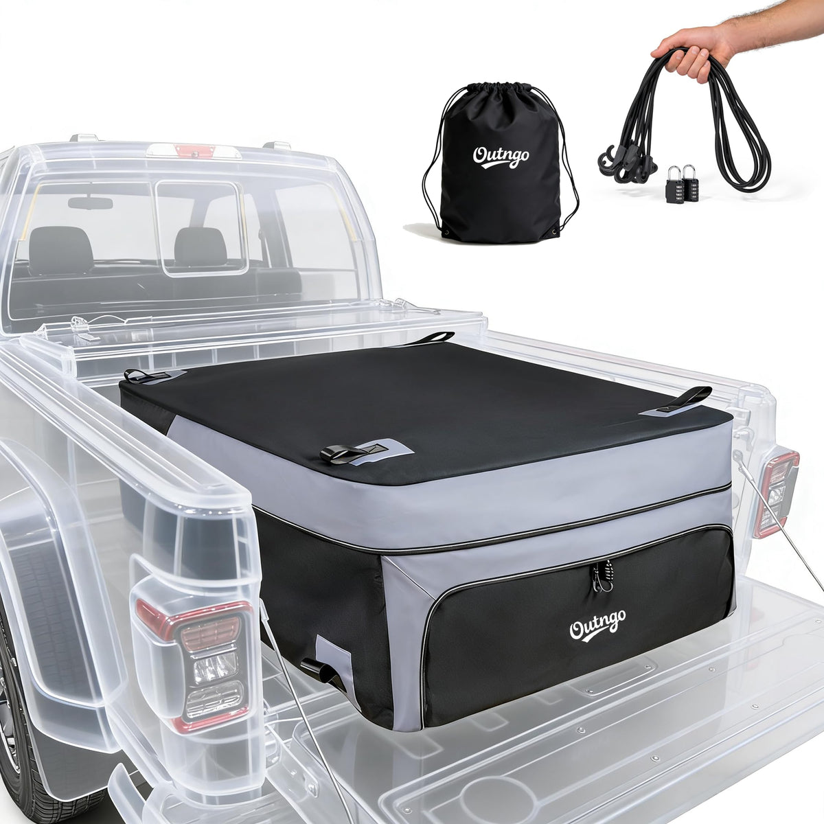 Outngo front view packed in truck bed showing weatherproof protection