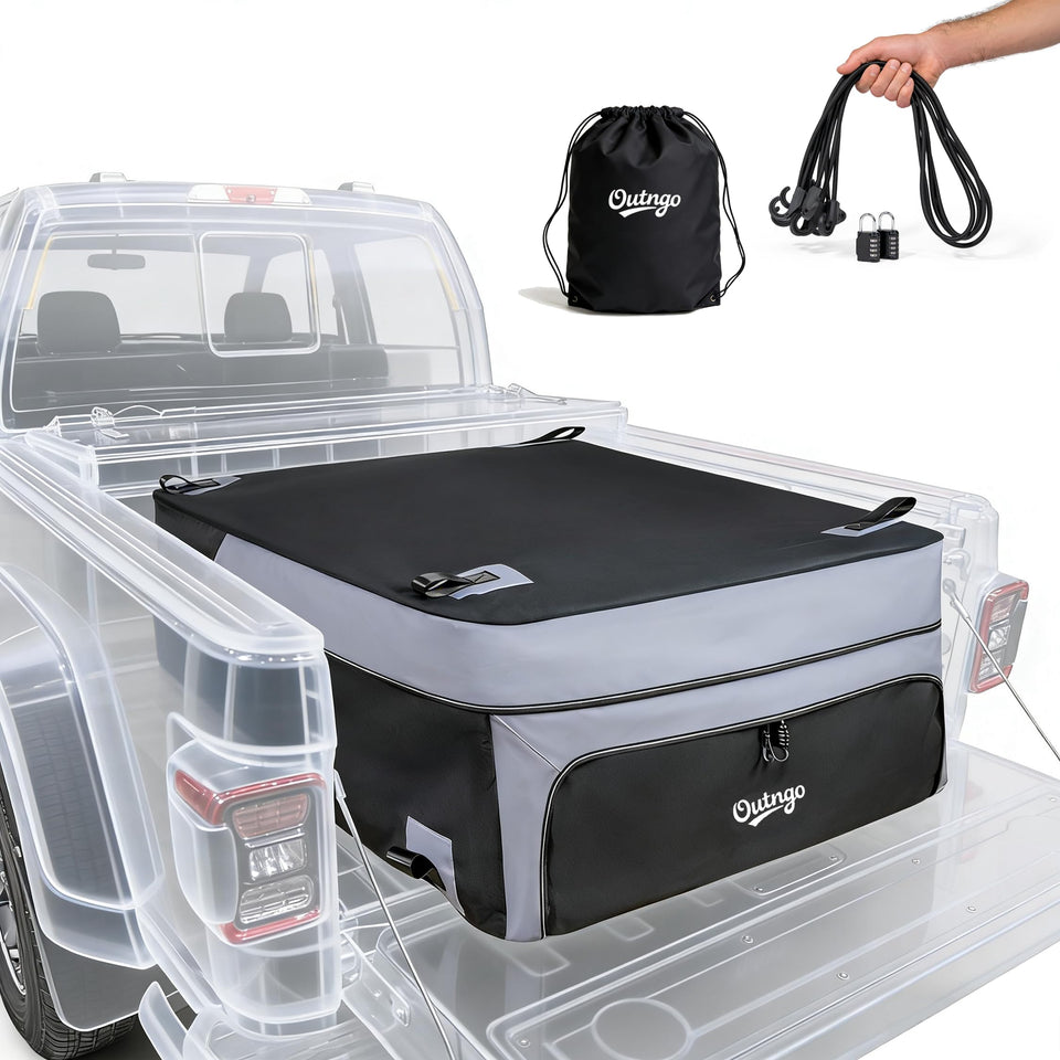 Outngo front view packed in truck bed showing weatherproof protection