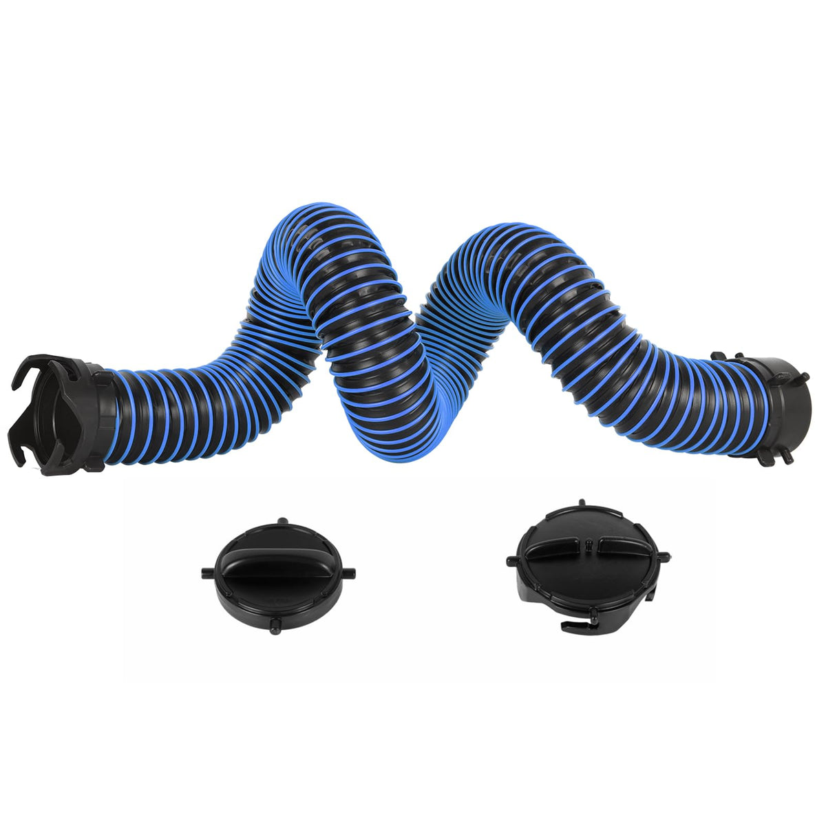 OUTPRIZE front view of 5ft RV sewer hose extension showing fittings and length advantage