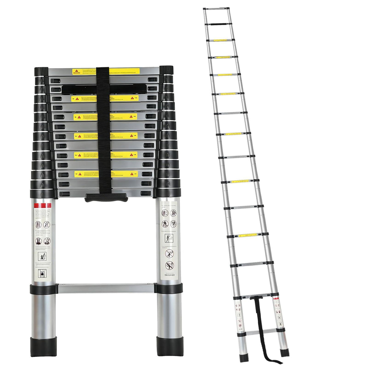 OUTPRIZE ladder front view extended showing stable reach and secure grip