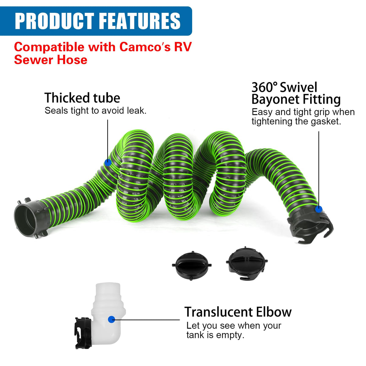 OUTPRIZE hose extended between RV and dump station for reliable flow