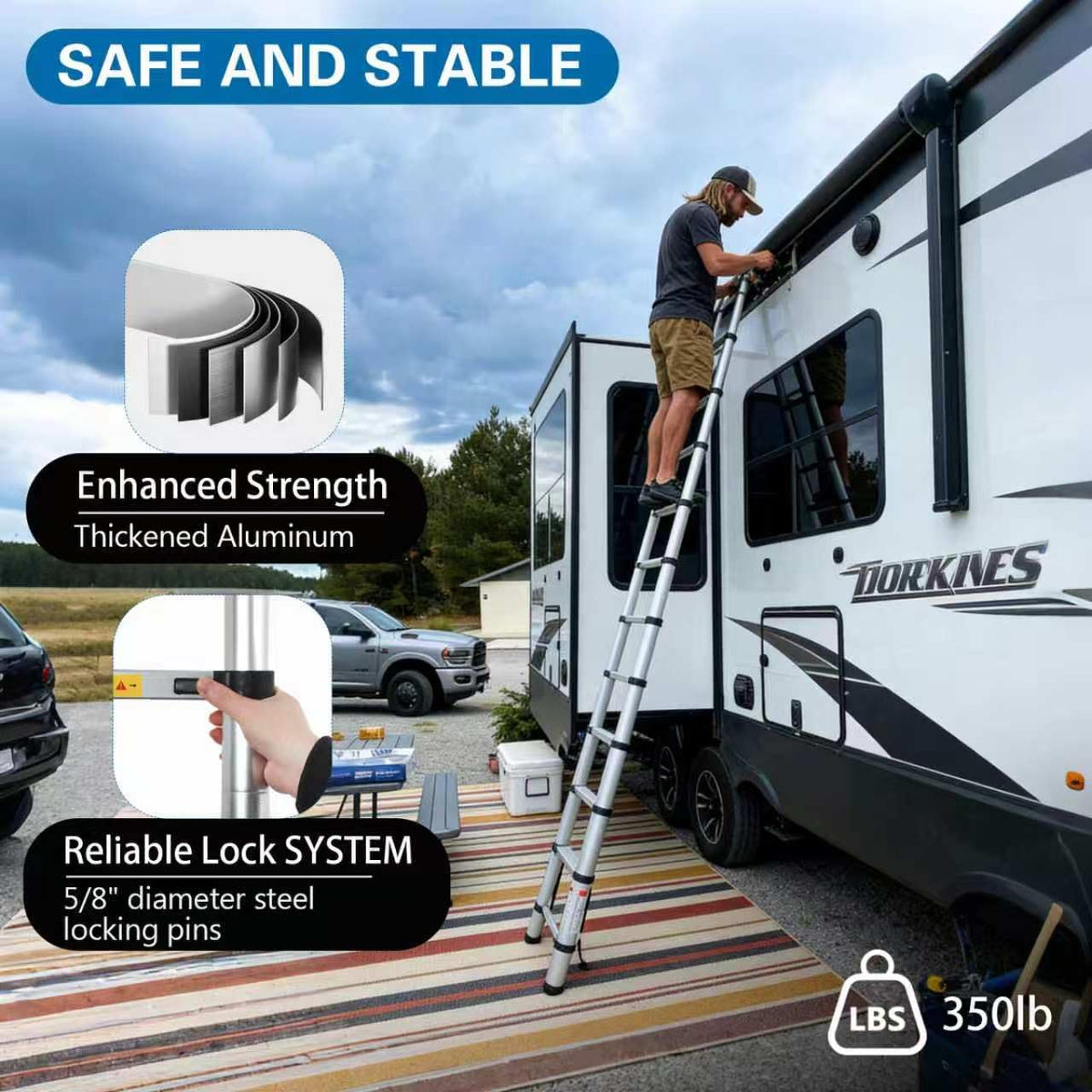 OUTPRIZE ladder installed on RV receiver for hands-free mounting benefit