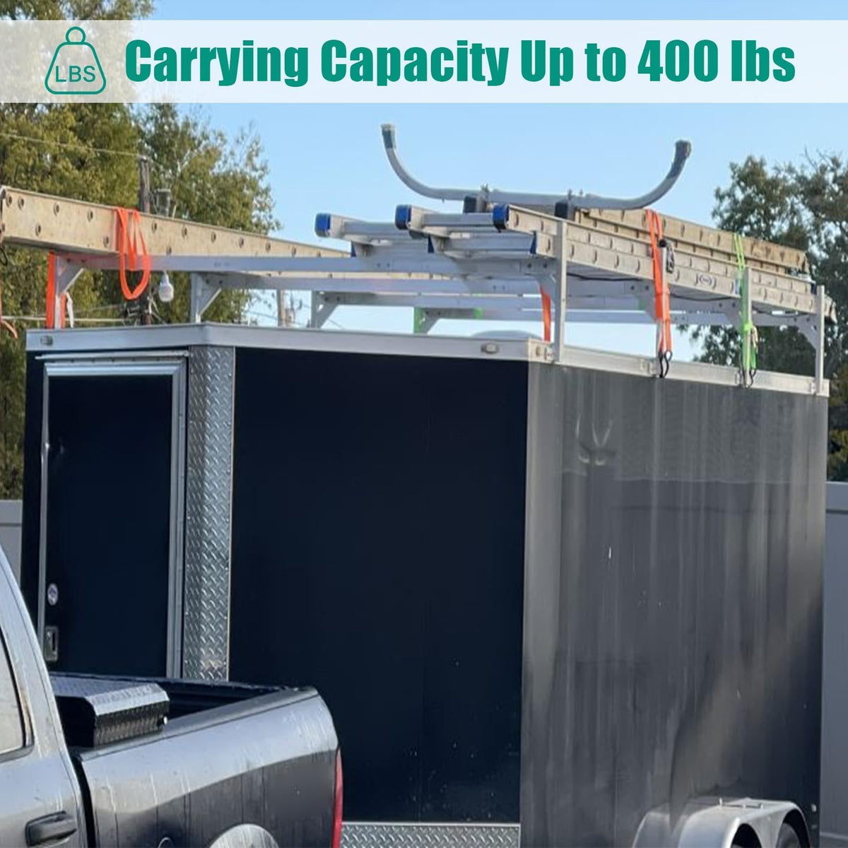 OUTPRIZE carrying ladder on rack side view for safe hauling
