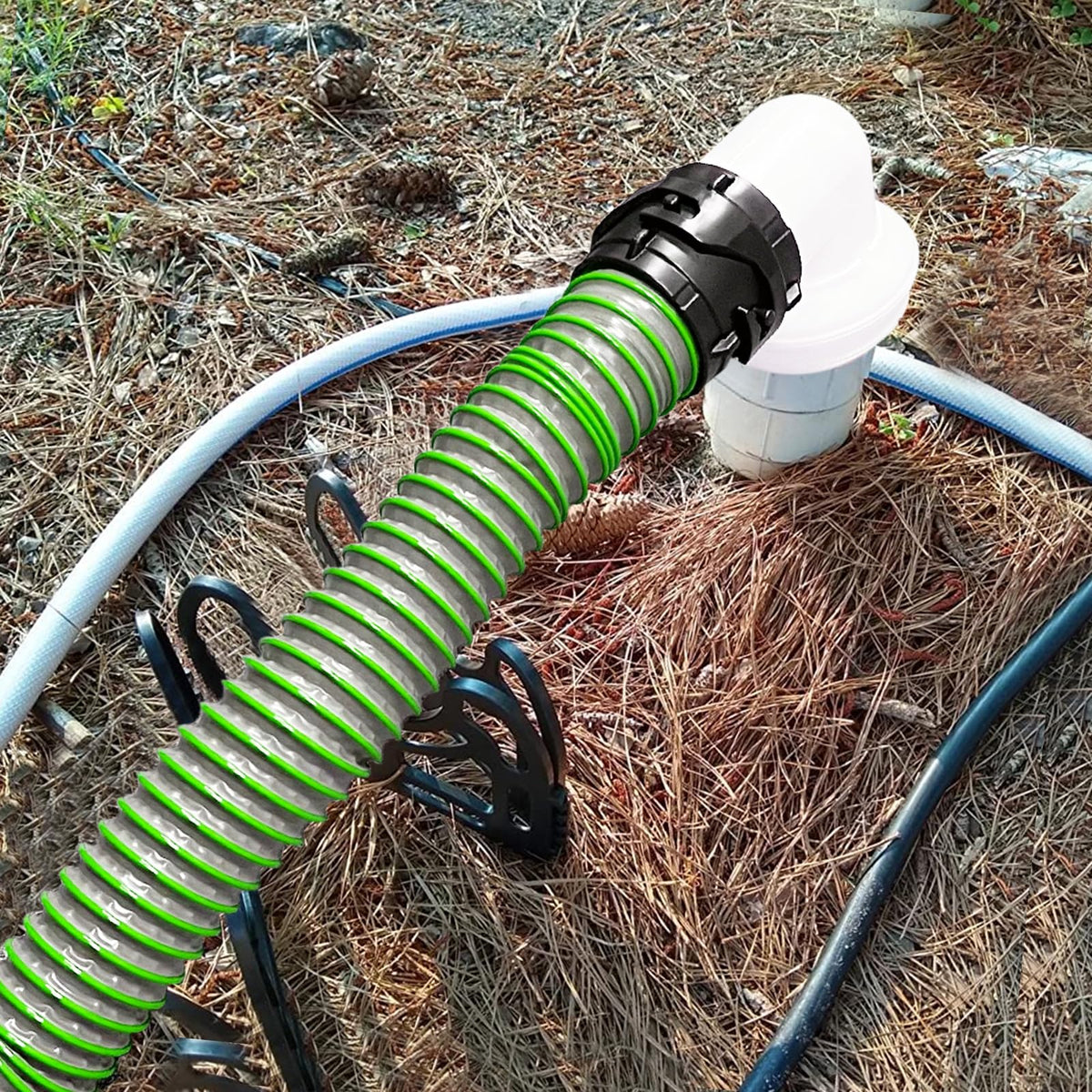 OUTPRIZE hose connected at dump station demonstrating secure fit