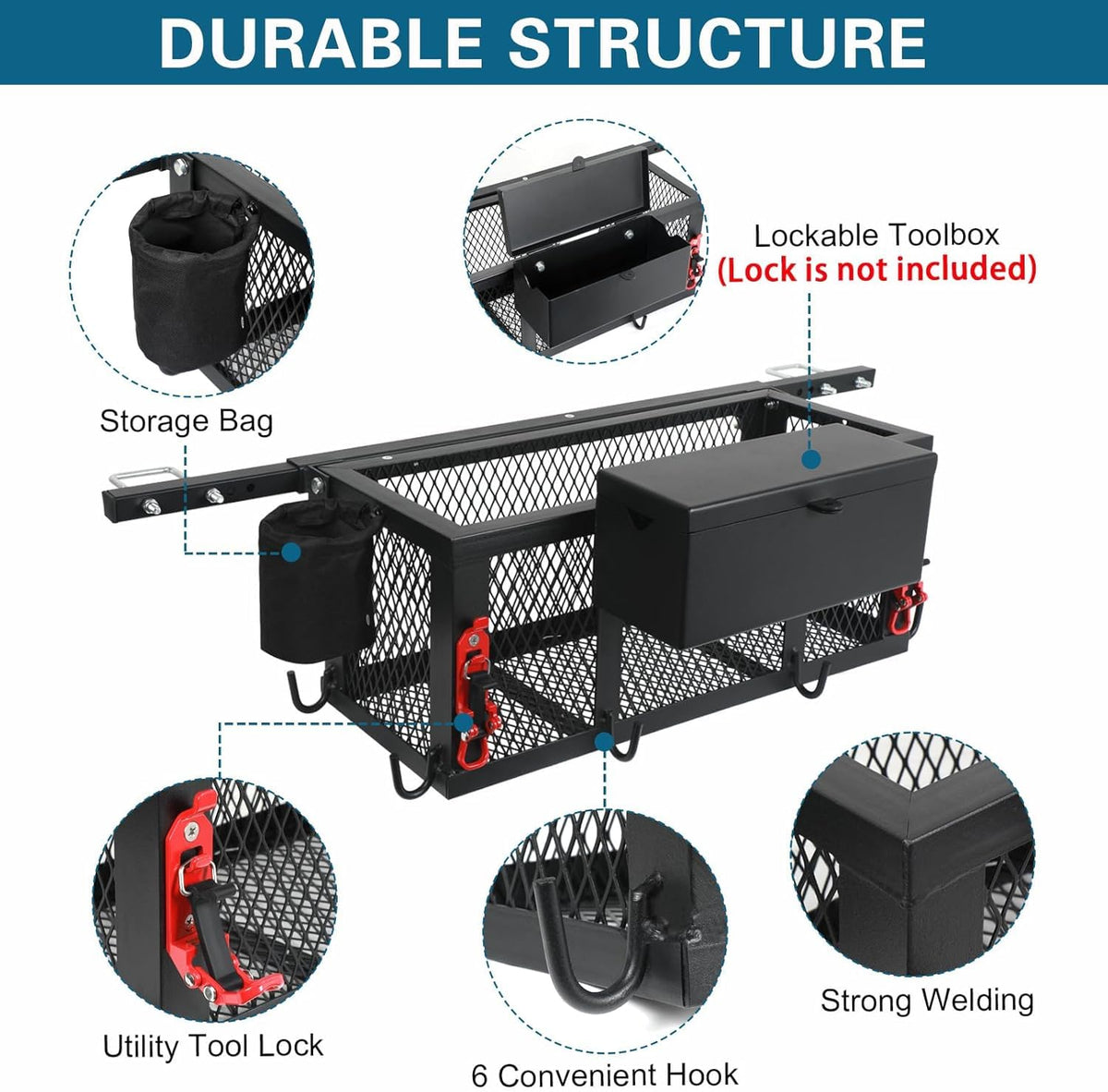OUTPRIZE lockable toolbox open with tools showing organized secure storage