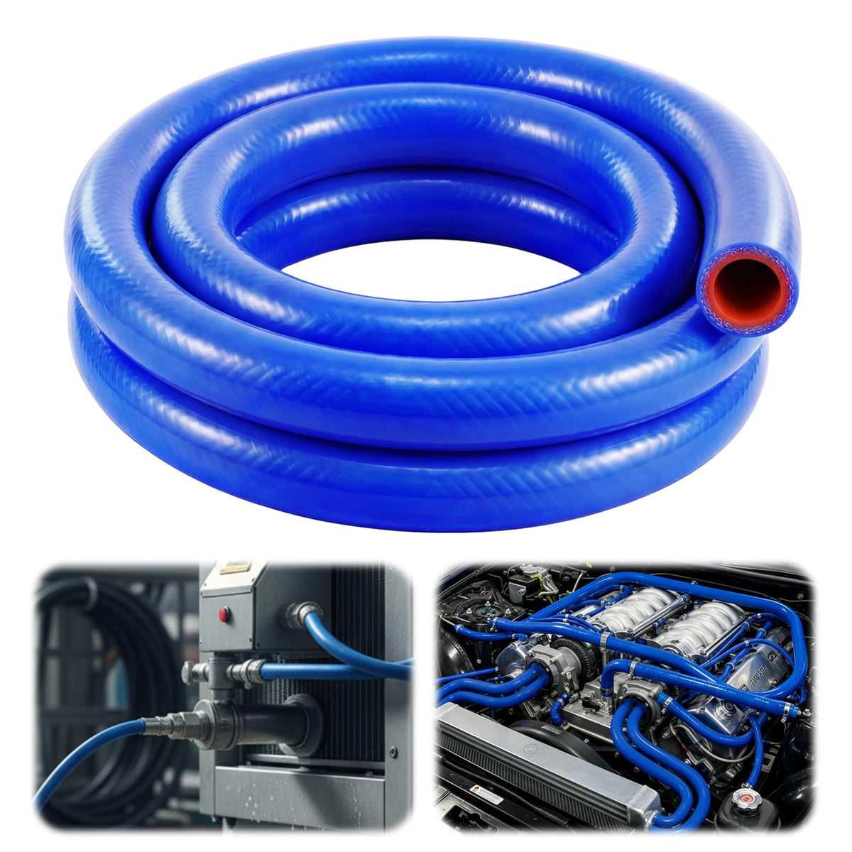 Outus silicone hose front view showing bright blue finish and flexibility benefit