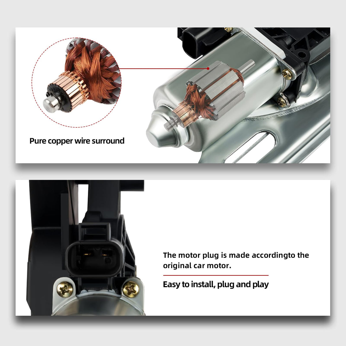 OVANOH motor wiring connector detail highlighting plug compatibility and easy swap benefit
