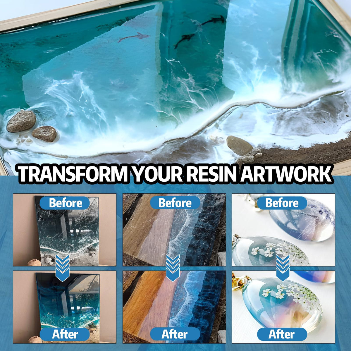 OverZyn before-and-after restored epoxy tabletop showing shine