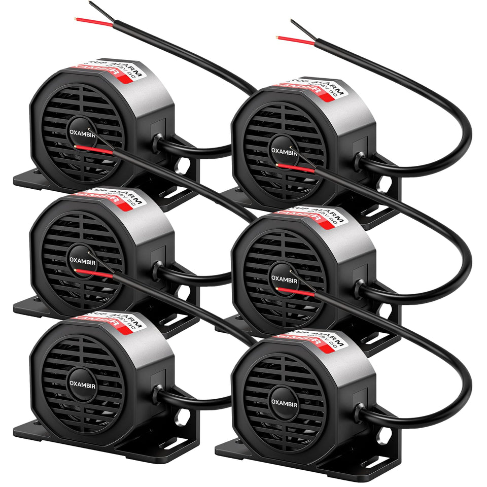 OXAMBIR front view backup alarm showing durable face and loud beeper benefit