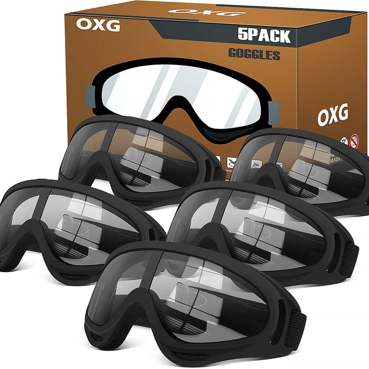 OXG front view of five-pack goggles showing included set and packaging benefit