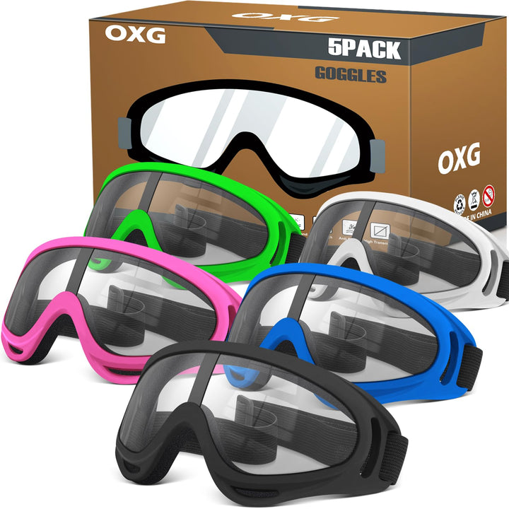 OXG front view of the five-pair goggles pack showing colors and clear lenses for group use