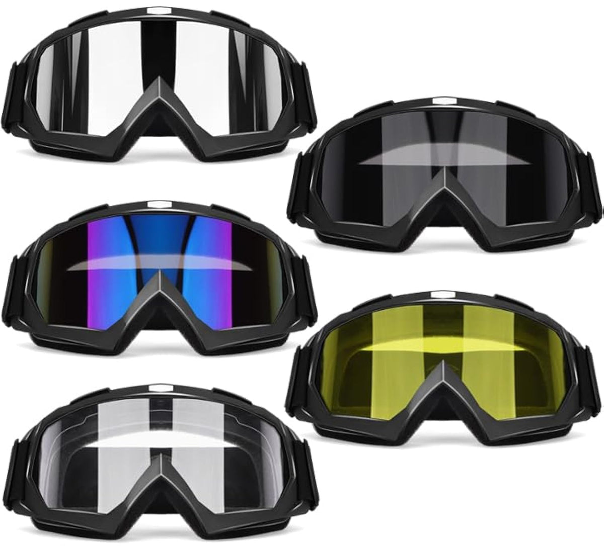 OXG front view pack showing five goggles and colorful lenses for group use