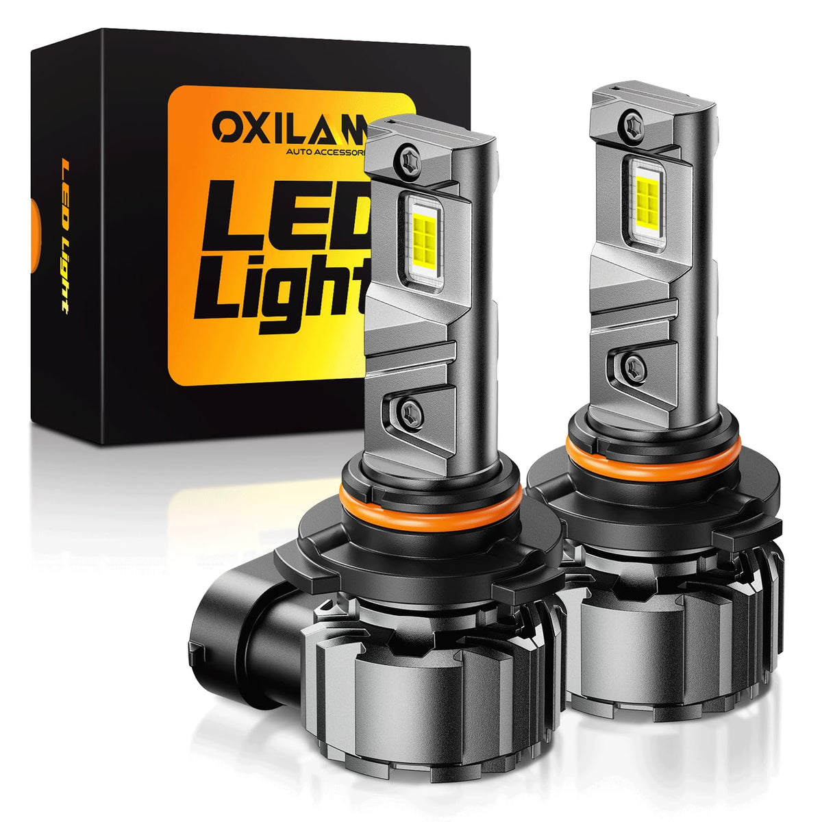 OXILAM front view of two 9005 bulbs showing compact design and benefit of easy install