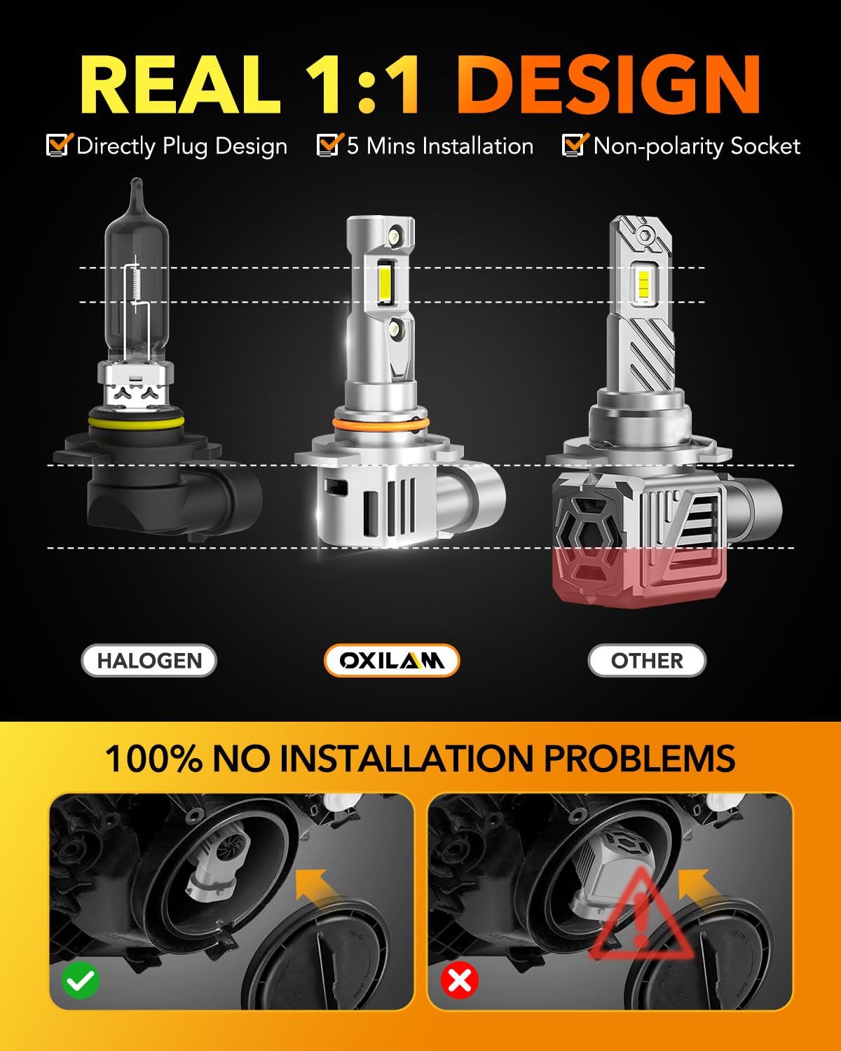 OXILAM bulb installed in headlight demonstrating direct-fit convenience
