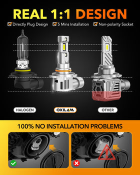 OXILAM bulb installed in headlight demonstrating direct-fit convenience