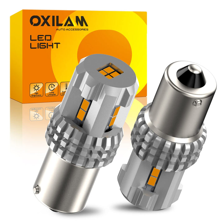 OXILAM front packaging showing two amber 1156 LED bulbs, clear product identification and benefit