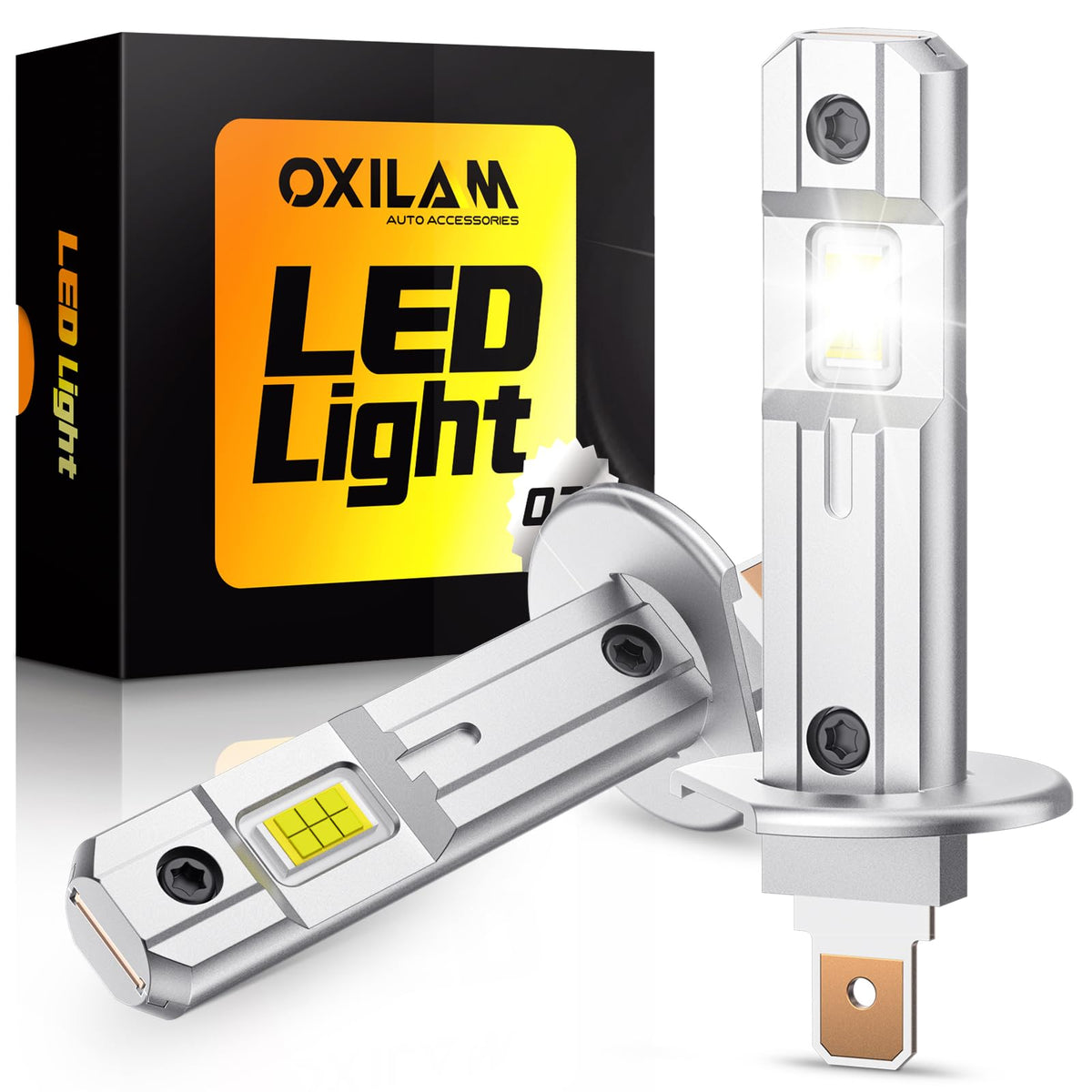 OXILAM front packaging showing two H1 LED bulbs with easy install benefit