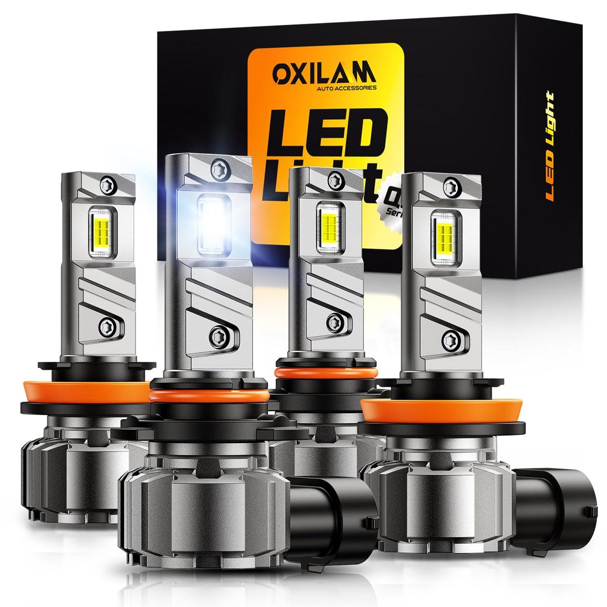 OXILAM front packaging showing H11 9005 LED bulbs and pack of four, clear product overview