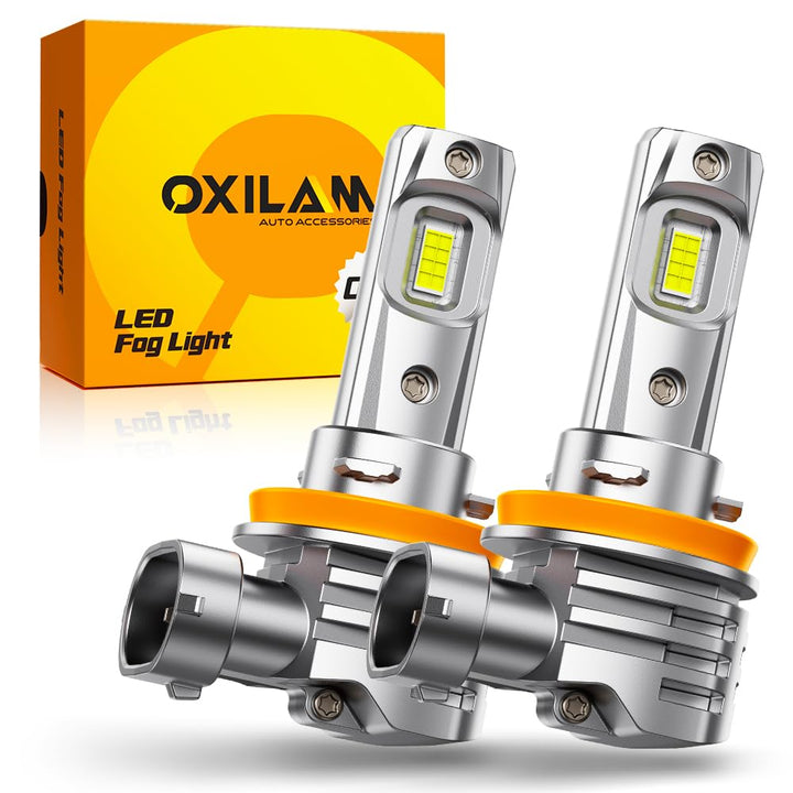 OXILAM front view of H11 LED bulb pack showing contents and connectors, clear upgrade benefit