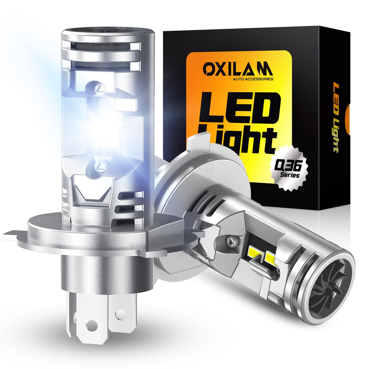 OXILAM front packaging showing H4 9003 LED bulbs and benefits
