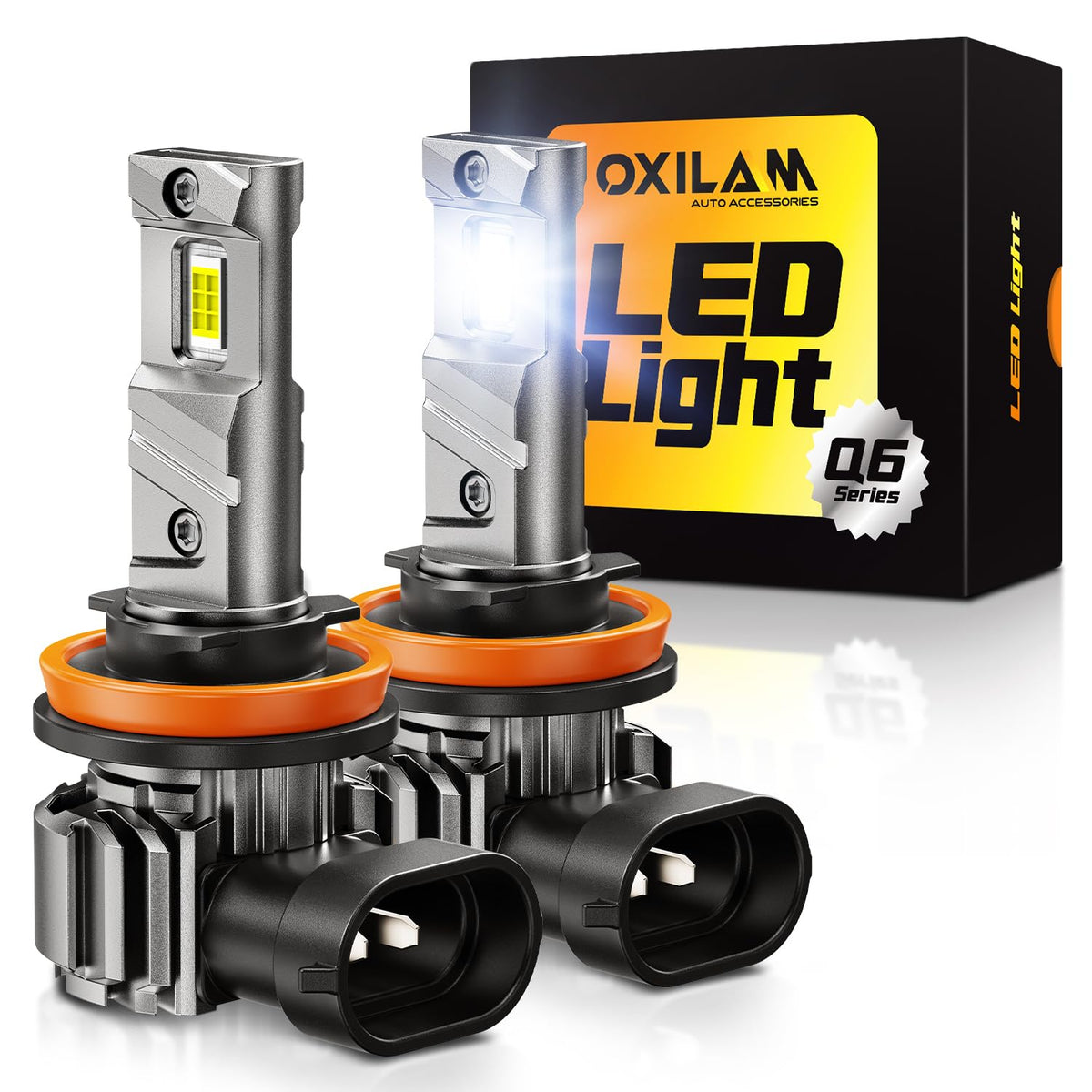 OXILAM front view of packaged H11 bulbs showing included pair and fit