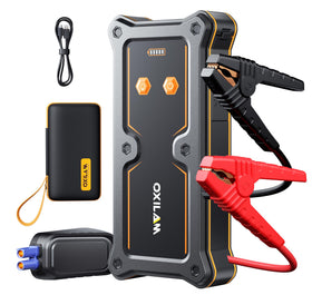 OXILAM front view of jump starter showing compact design and branding for easy storage