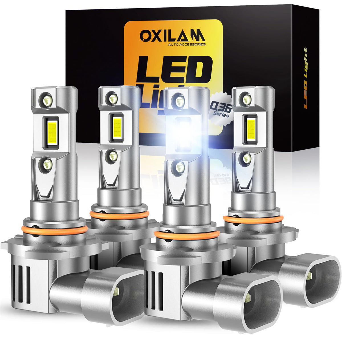 OXILAM front view showing bulb pair and packaging, highlights quick fit benefit