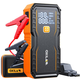 OXILAM front view showing compact jump starter and portability benefit