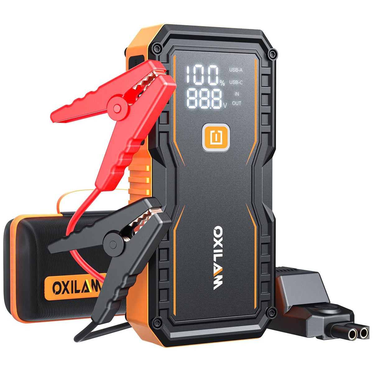 OXILAM front view showing compact jump starter and benefits of portability