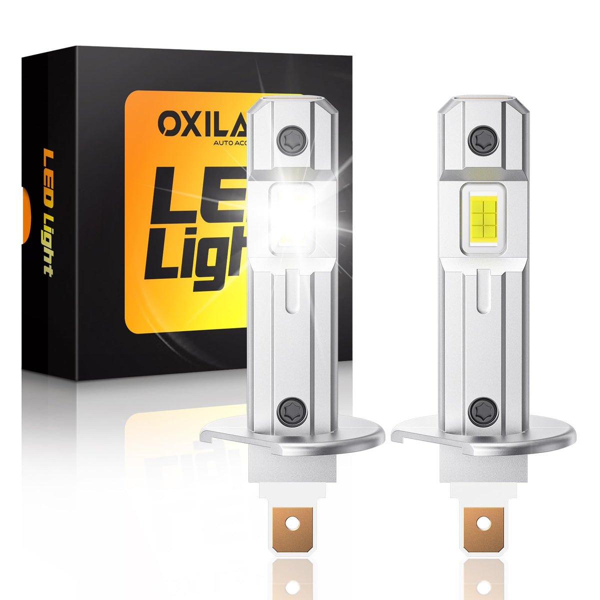 OXILAM front view of H1 LED bulb showing compact design and brighter output