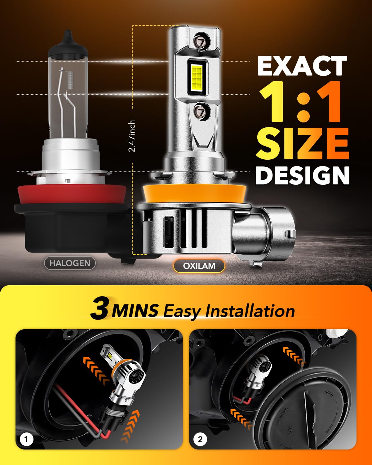 OXILAM H11 next to halogen bulb showing true 1:1 size for simple swap