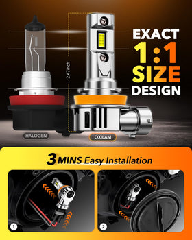 OXILAM H11 next to halogen bulb showing true 1:1 size for simple swap