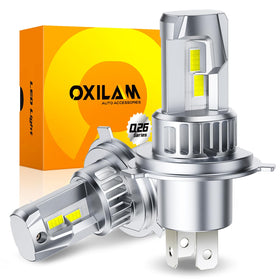OXILAM front view of H4 9003 LED bulbs showing plug and benefits