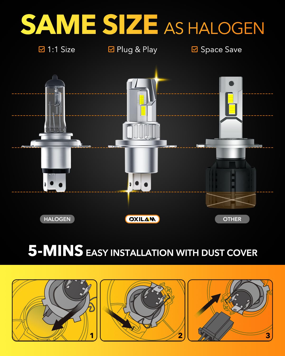 OXILAM bulb installed in headlight assembly, easy plug-and-play fit