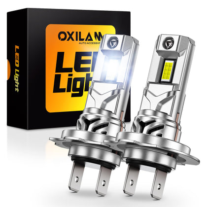OXILAM H7 front view showing plug-and-play fit and instant brightness benefit