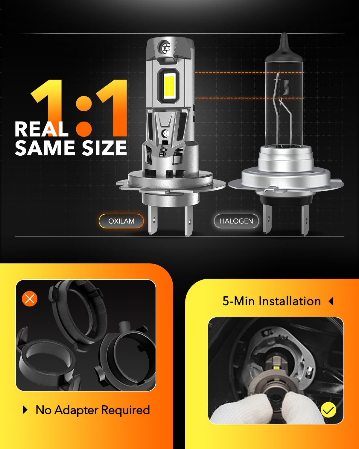 OXILAM H7 installed in headlight demonstrating brighter road illumination