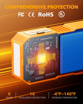 OXILAM jump starter connected to car battery delivering powerful engine starts