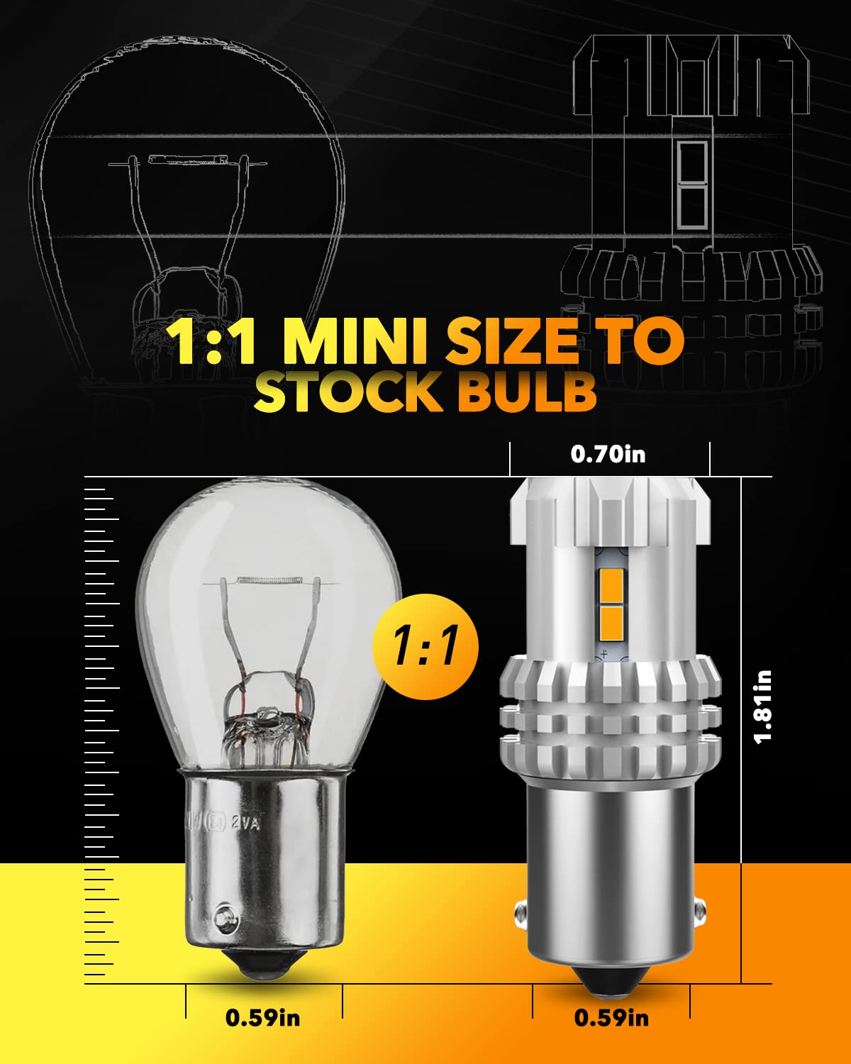 OXILAM size comparison with a halogen bulb showing compact 1:1 replacement convenience