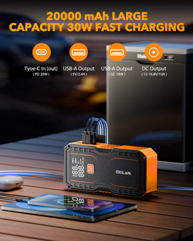 OXILAM compact jump starter held in hand to show portable size and convenience