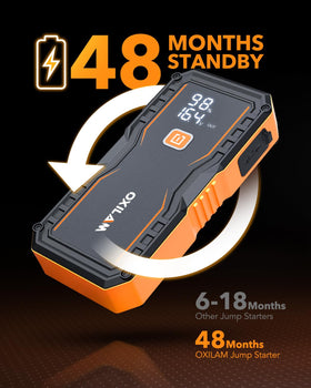OXILAM connected to a truck battery illustrating reliable heavy-duty starting