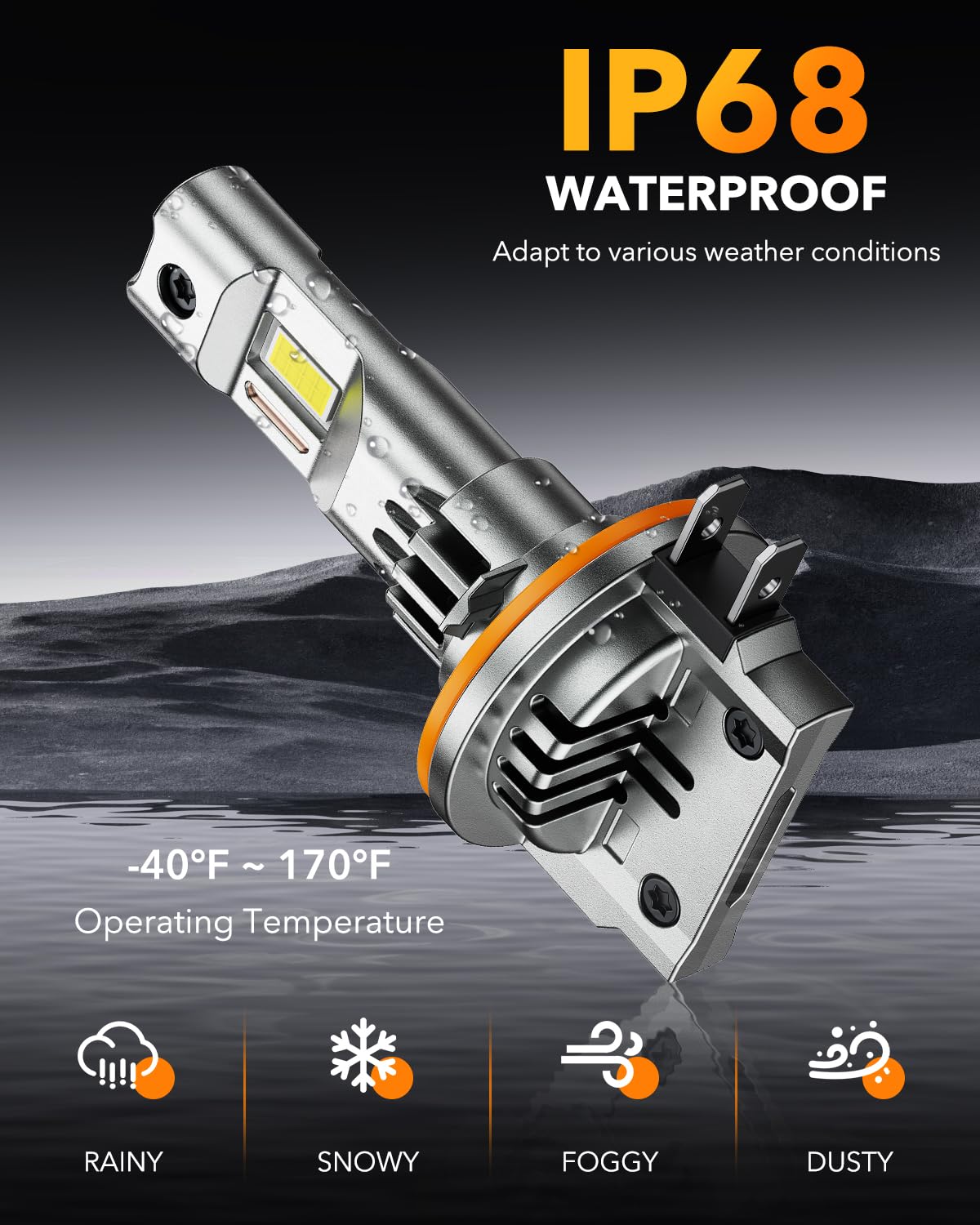 OXILAM water droplets on bulb indicating IP68 waterproof protection