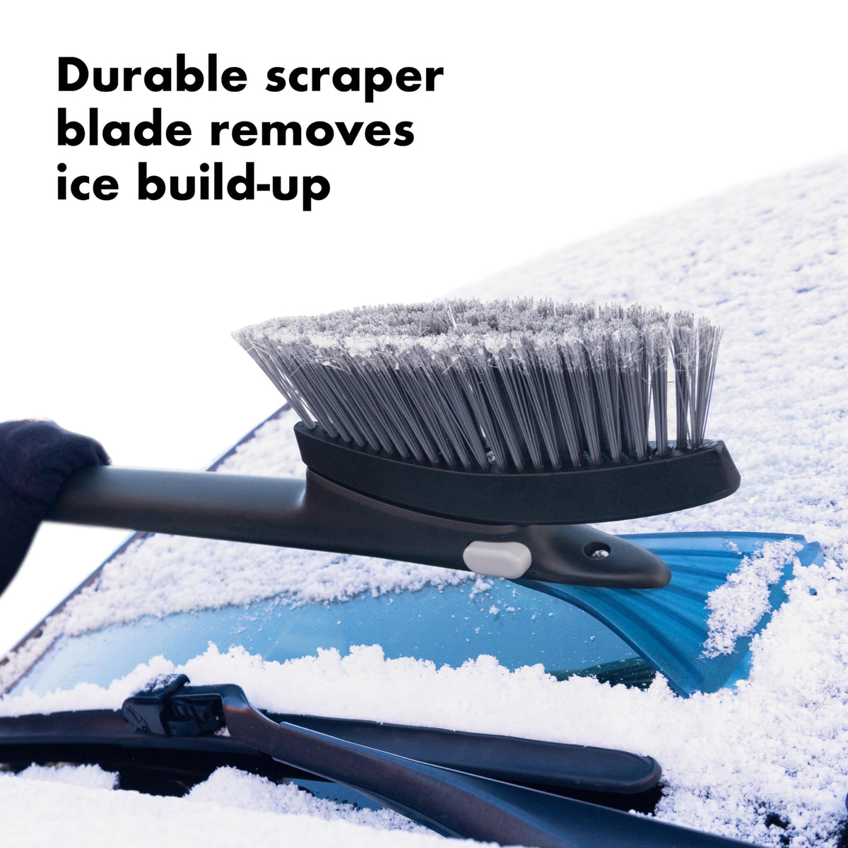 OXO ice scraper blade detail on polycarbonate for strong ice removal without scratching