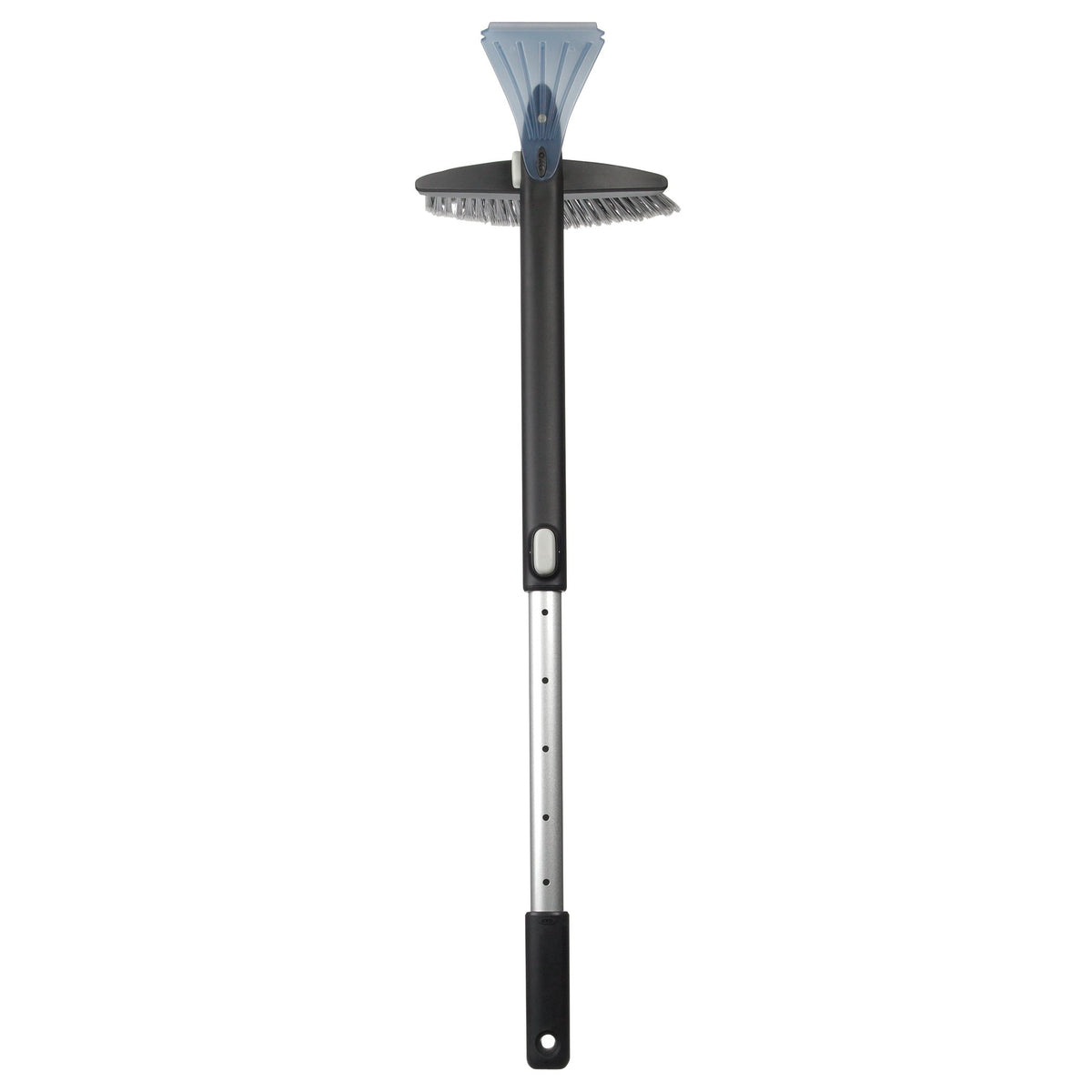 OXO feathered bristle close-up protecting paint while sweeping snow effectively