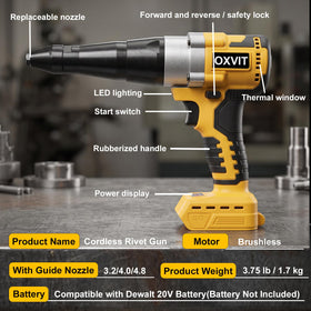 OXVIT close-up of three interchangeable nozzles and wrench, enables quick rivet size changes
